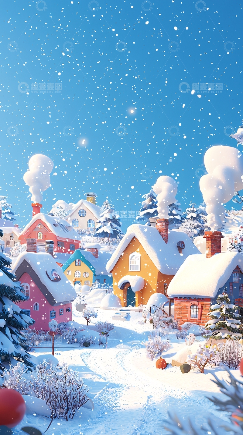 高清大图下载【趣麦麦图】卡通雪景村庄