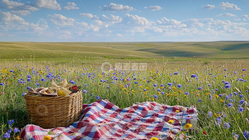 高清大图下载【趣麦麦图】野餐篮与野花田园风光