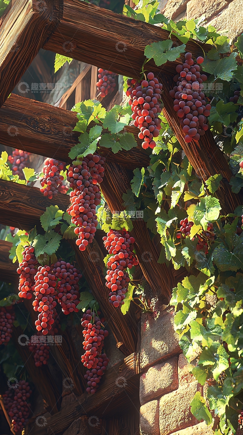 高清大图下载【趣麦麦图】阳光下成熟的红葡萄藤
