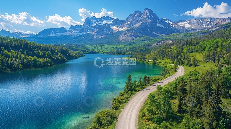 高清大图下载【趣麦麦图】湖光山色道路相依