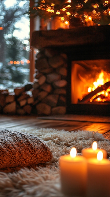 温暖的壁炉旁的毛毯和蜡烛