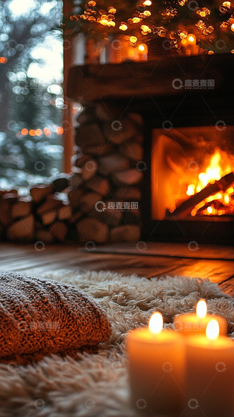 高清大图下载【趣麦麦图】温暖的壁炉旁的毛毯和蜡烛