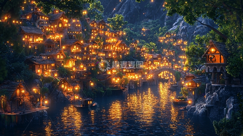 高清大图下载【趣麦麦图】夜晚山谷河流灯火小镇