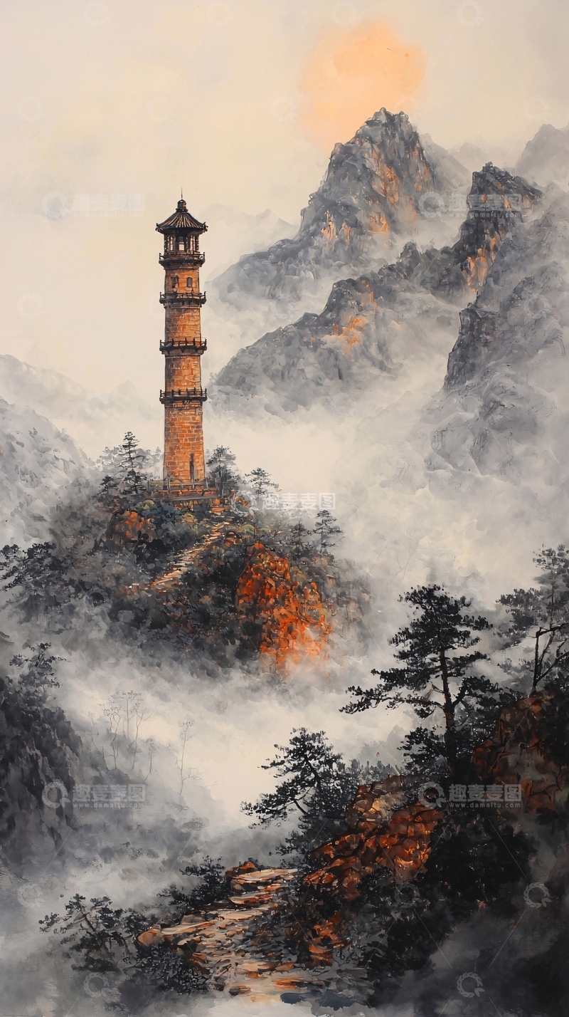 高清大图下载【趣麦麦图】山峦叠嶂古塔晨雾