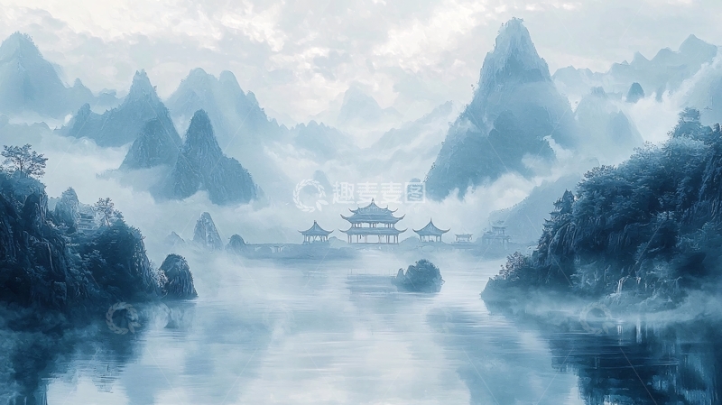 高清大图下载【趣麦麦图】水雾笼罩的山水画卷