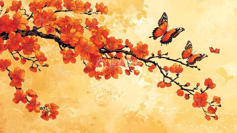 高清大图下载【趣麦麦图】橙色桃花枝蝴蝶