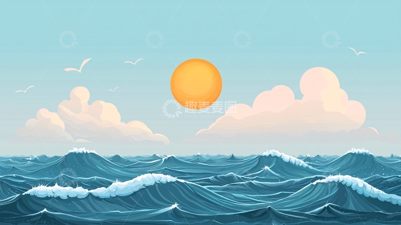 高清大图下载【趣麦麦图】海上日出卡通风格