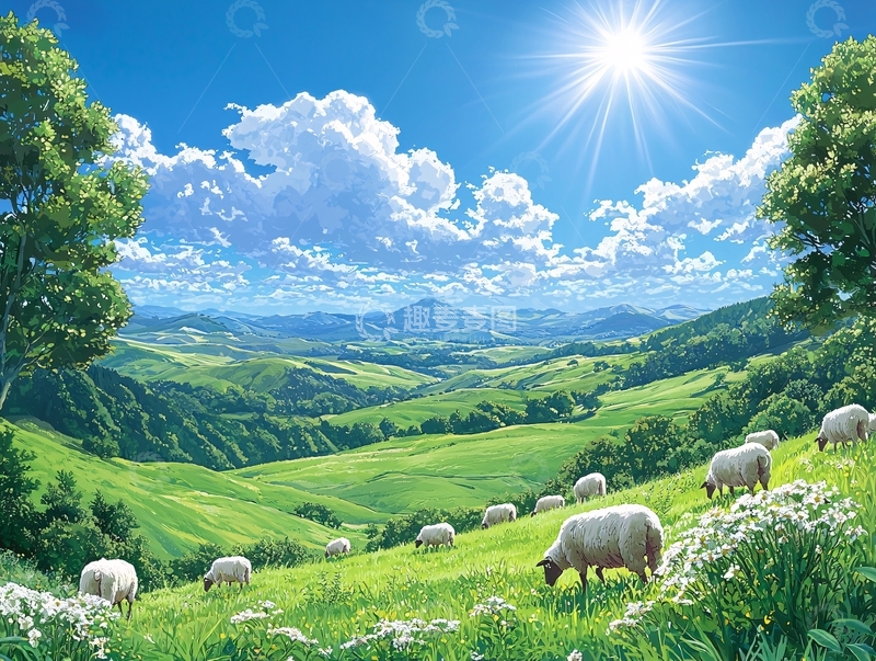 高清大图下载【趣麦麦图】阳光下绿草地上的绵羊