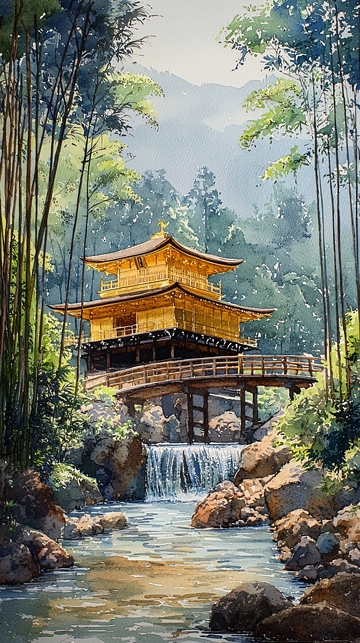 金阁寺竹林水墨画