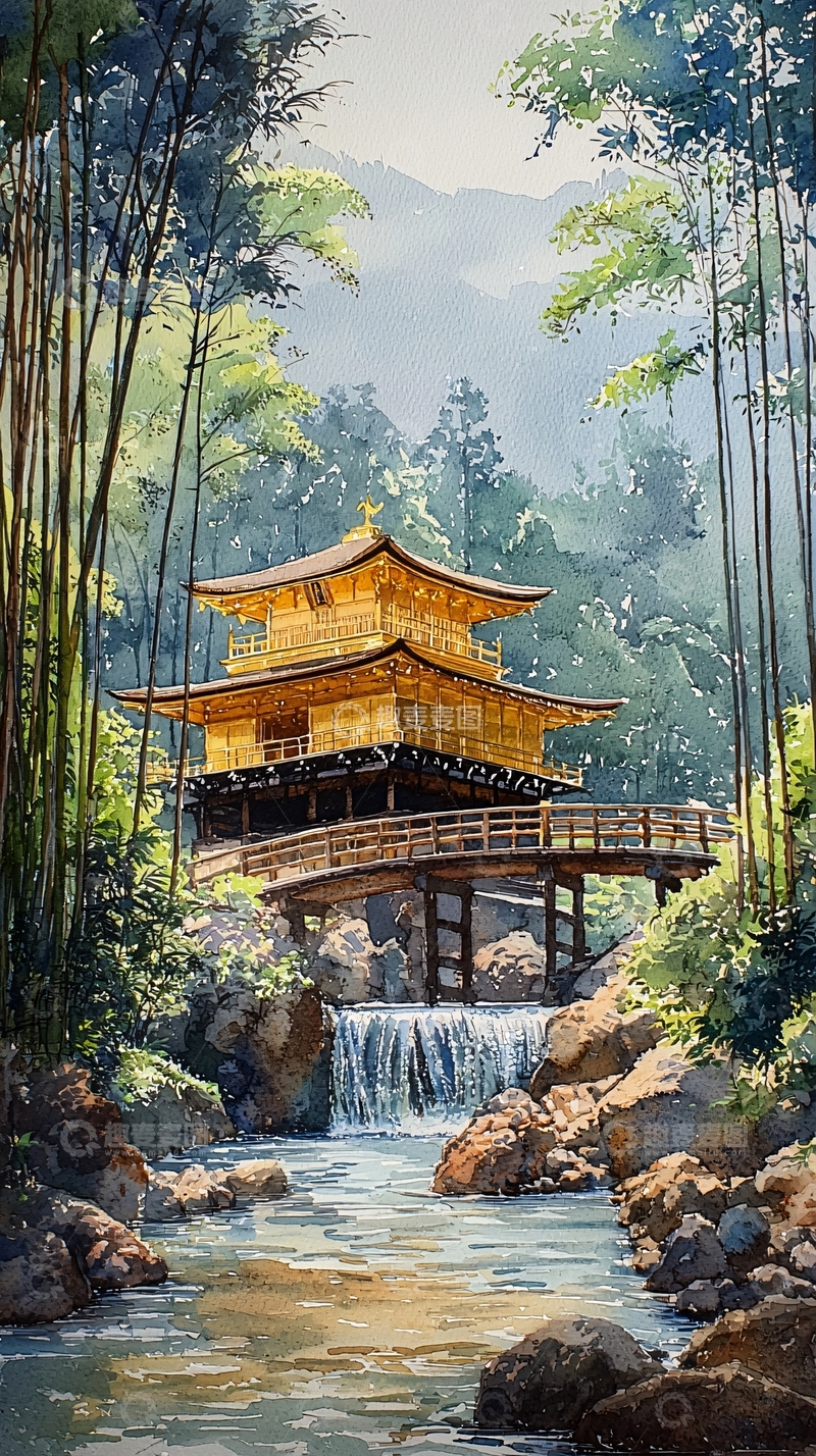 高清大图下载【趣麦麦图】金阁寺竹林水墨画