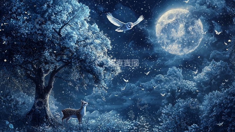 高清大图下载【趣麦麦图】梦幻蓝色森林夜景