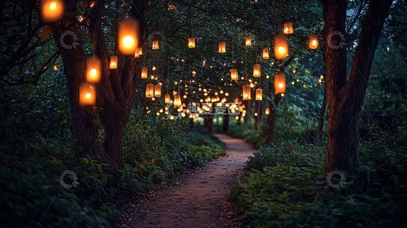 高清大图下载【趣麦麦图】树林小路灯光夜景
