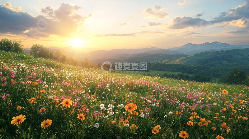 高清大图下载【趣麦麦图】夕阳下的花海山峦