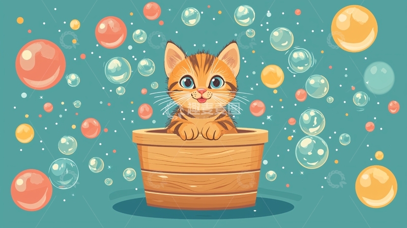 高清大图下载【趣麦麦图】小猫泡泡浴木桶