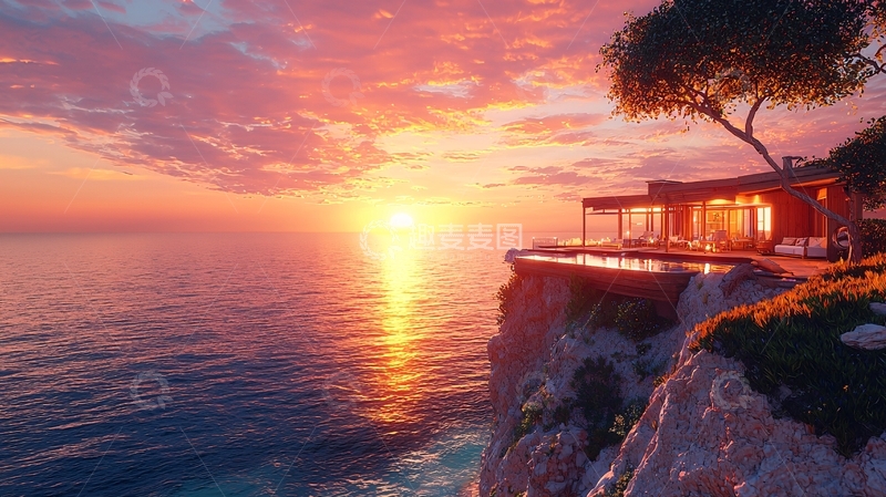 高清大图下载【趣麦麦图】海边悬崖别墅落日