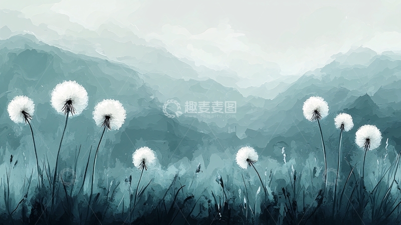 高清大图下载【趣麦麦图】水彩风蒲公英山景