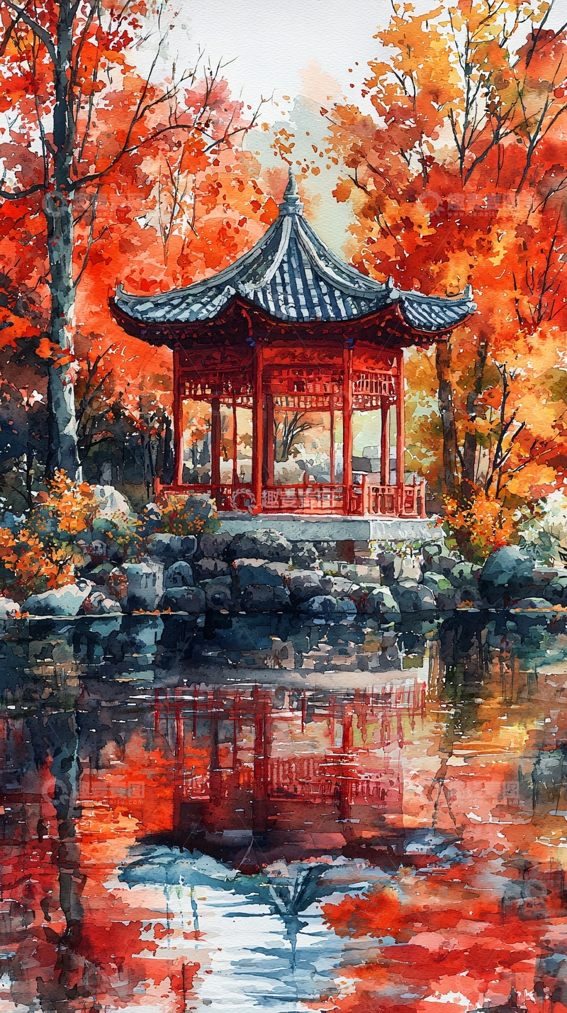 高清大图下载【趣麦麦图】秋色红叶中的中式凉亭