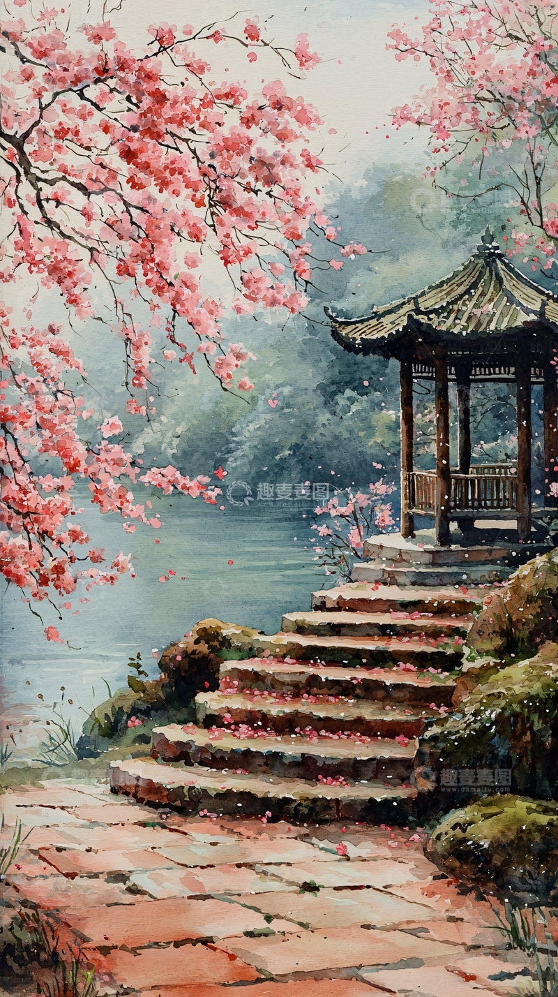 高清大图下载【趣麦麦图】水彩风格的亭台楼阁