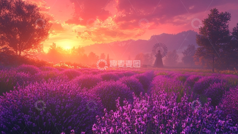 高清大图下载【趣麦麦图】日落薰衣草田园风景