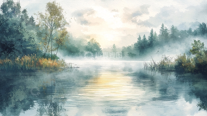 高清大图下载【趣麦麦图】水彩森林湖泊