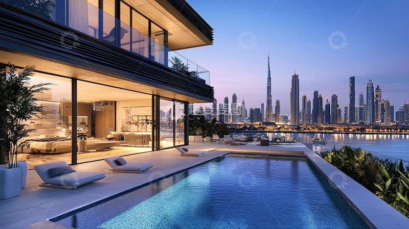 高清大图下载【趣麦麦图】-豪华别墅夜晚水池