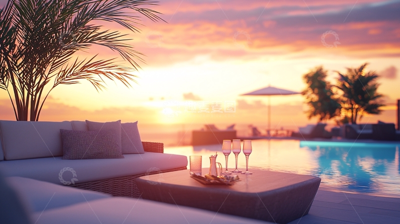 高清大图下载【趣麦麦图】日落泳池旁的休闲沙发