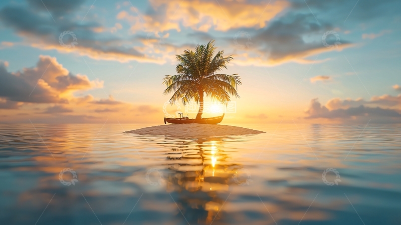 高清大图下载【趣麦麦图】日落椰树孤岛小船