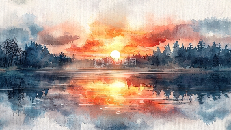 高清大图下载【趣麦麦图】水彩日落湖泊风景