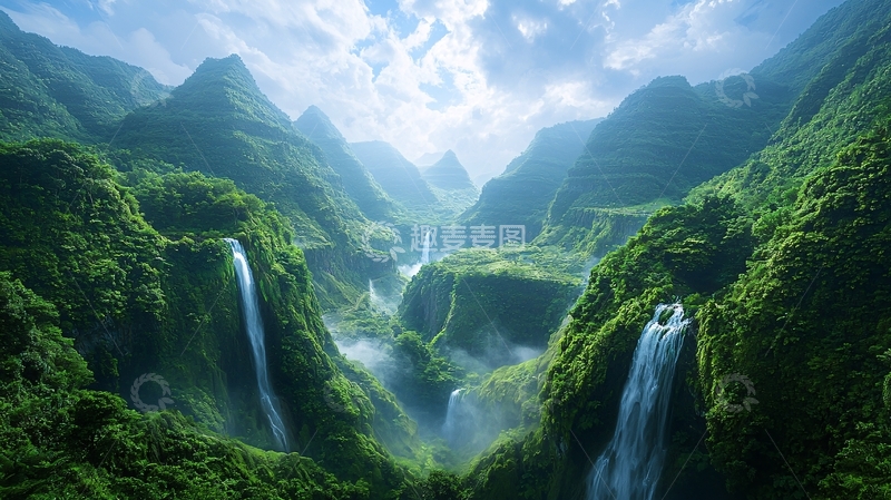 高清大图下载【趣麦麦图】绿色山谷瀑布