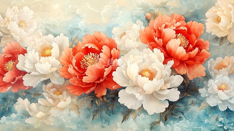 高清大图下载【趣麦麦图】国风牡丹水彩画
