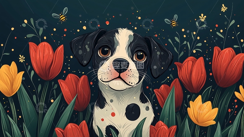 高清大图下载【趣麦麦图】小狗与郁金香花丛