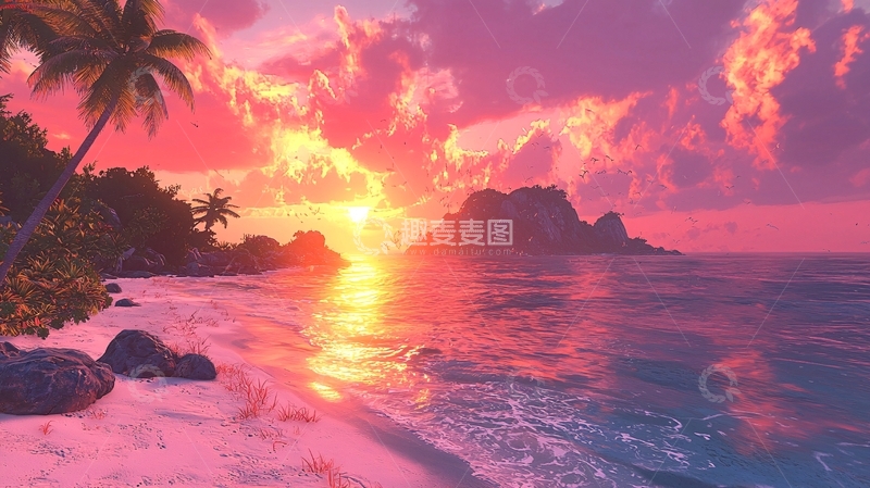 高清大图下载【趣麦麦图】热带海滩粉色日落
