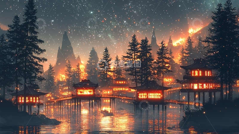 高清大图下载【趣麦麦图】夜晚星空下的日式村庄