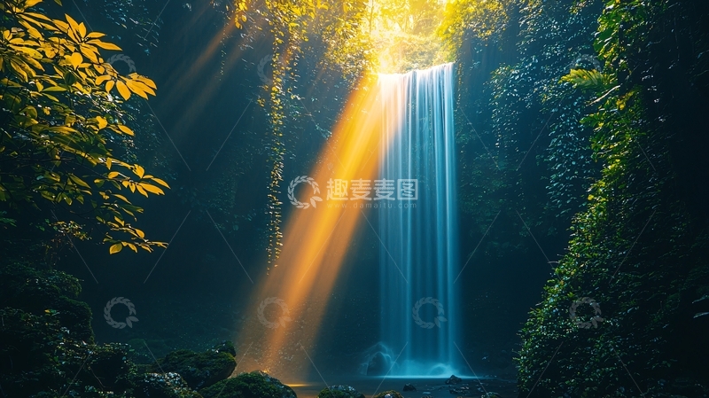 高清大图下载【趣麦麦图】阳光森林瀑布