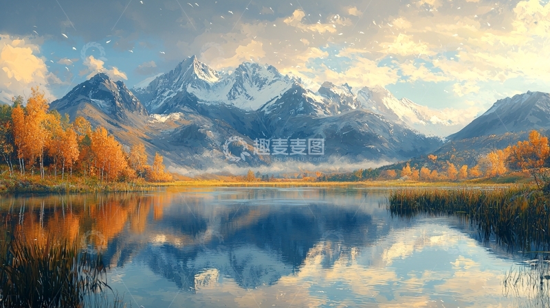 高清大图下载【趣麦麦图】秋日雪山湖泊倒影