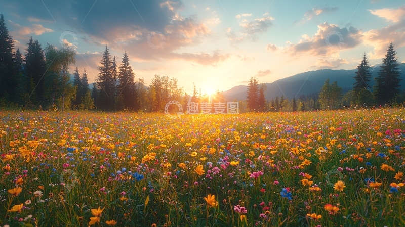 高清大图下载【趣麦麦图】日落时分山间野花田