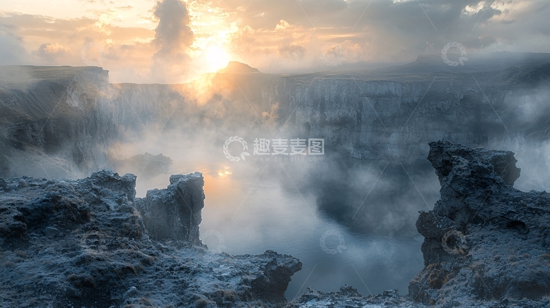 高清大图下载【趣麦麦图】日出时分雾气缭绕的火山景观