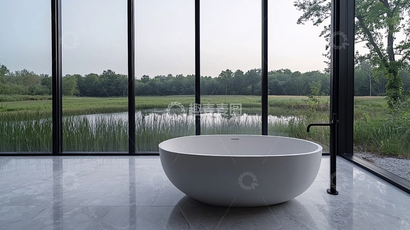 高清大图下载【趣麦麦图】浴缸旁大落地窗风景