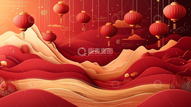 高清大图下载【趣麦麦图】红灯笼山峦剪纸风