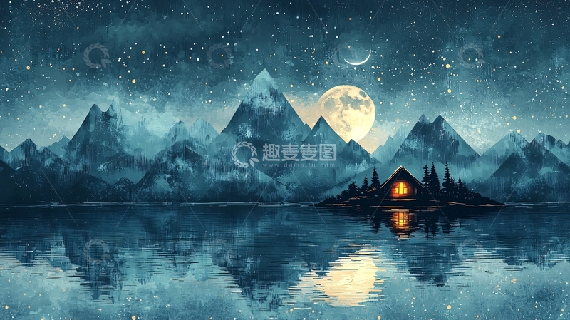 高清大图下载【趣麦麦图】宁静的夜空下的山水小屋