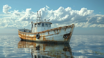 海面上的锈迹斑斑的小渔船