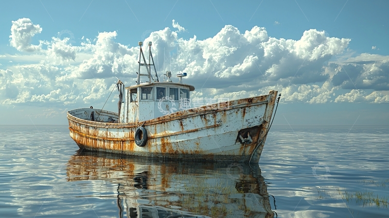 高清大图下载【趣麦麦图】海面上的锈迹斑斑的小渔船