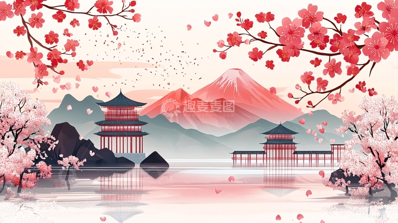 高清大图下载【趣麦麦图】富士山樱花日式建筑