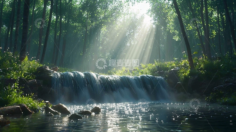 高清大图下载【趣麦麦图】森林瀑布阳光