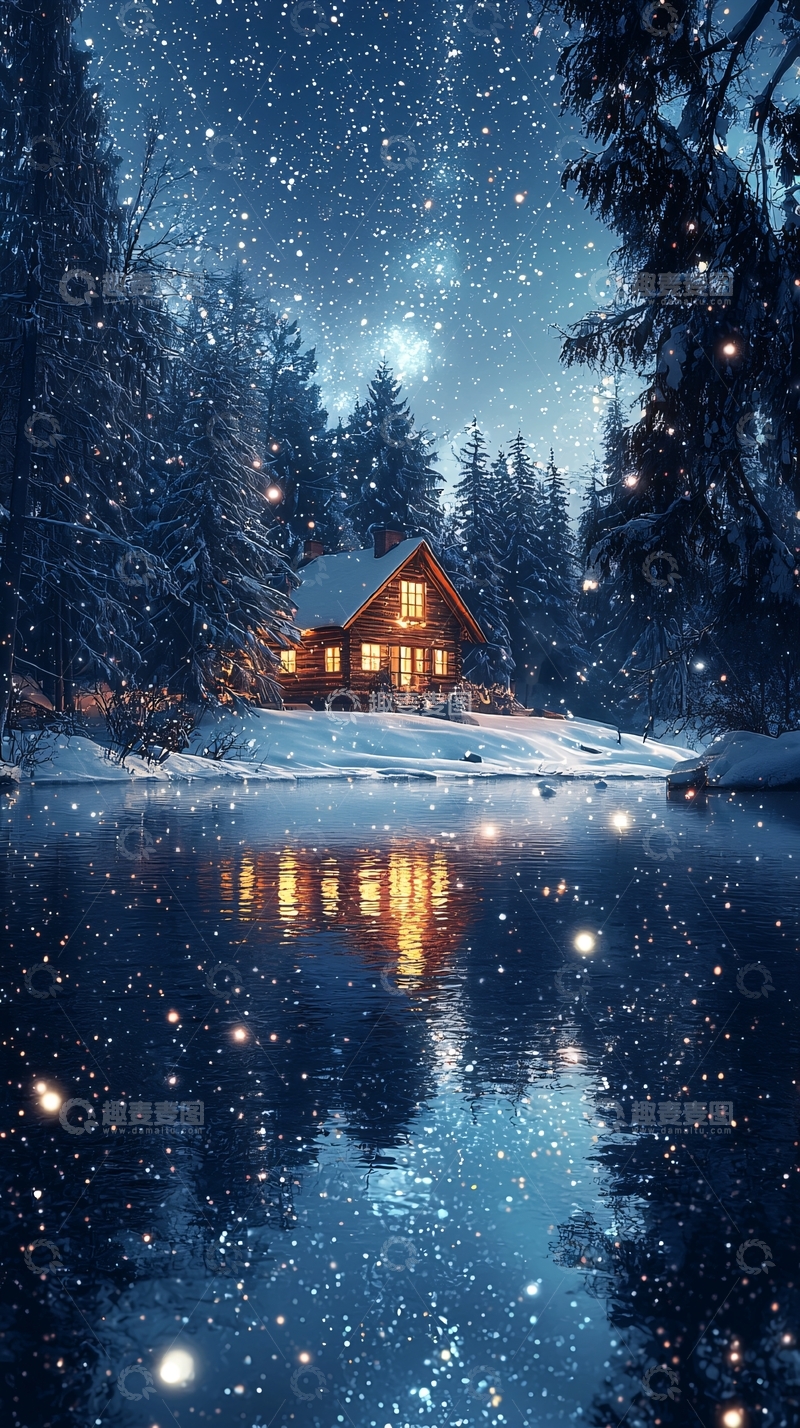 高清大图下载【趣麦麦图】雪夜木屋湖景
