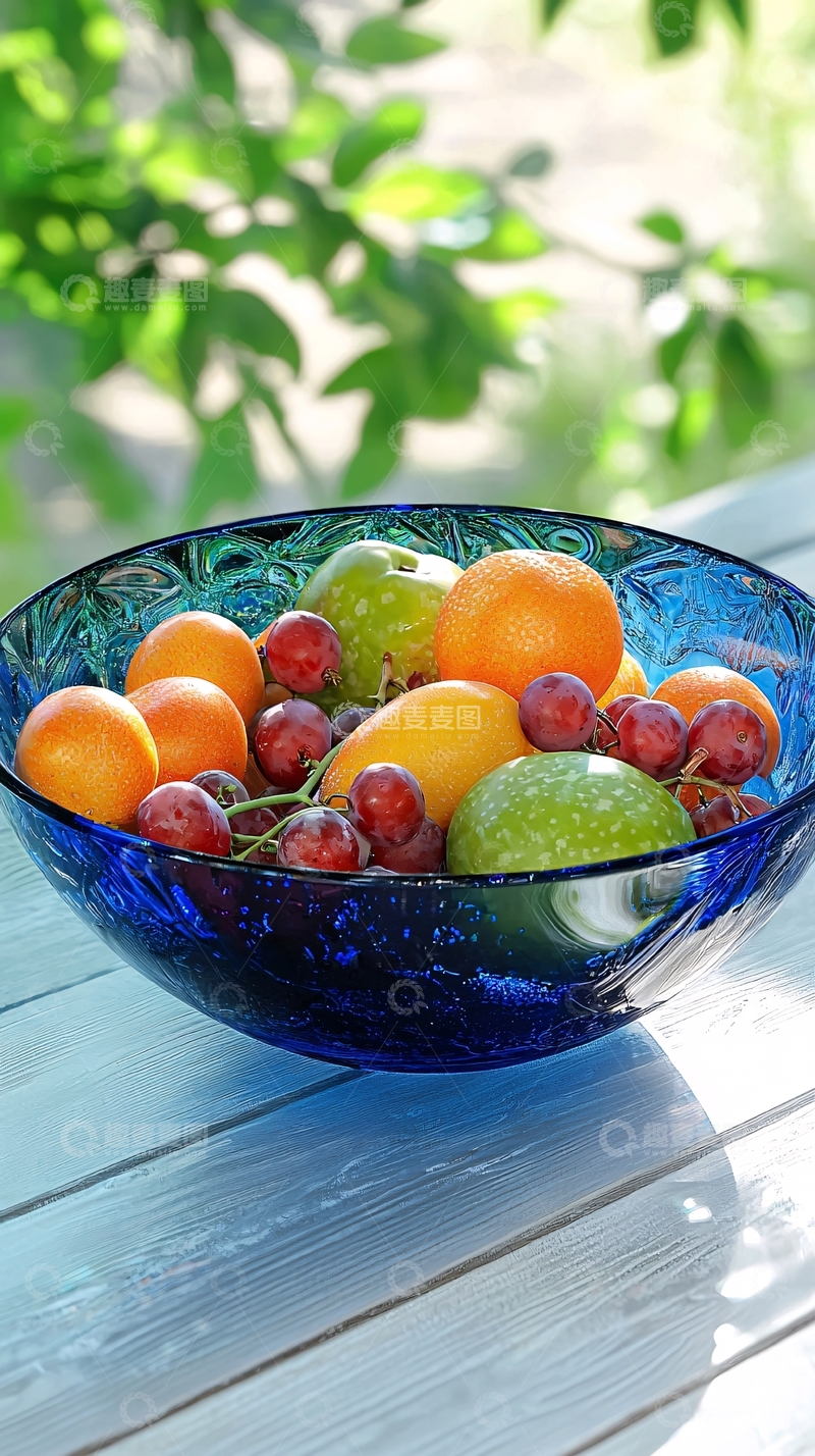 高清大图下载【趣麦麦图】蓝色玻璃水果碗