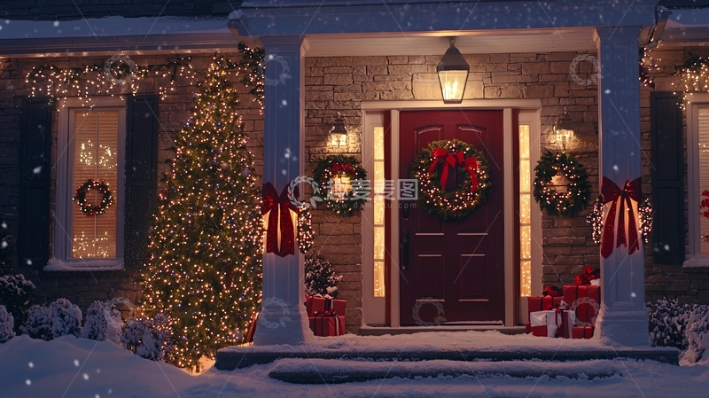 高清大图下载【趣麦麦图】下雪天圣诞节房屋装饰