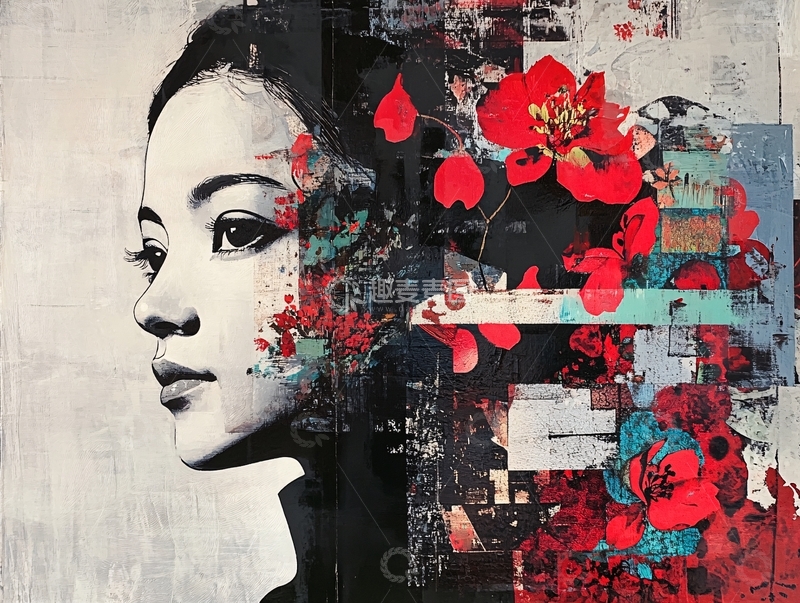 高清大图下载【趣麦麦图】侧脸女子红花抽象画