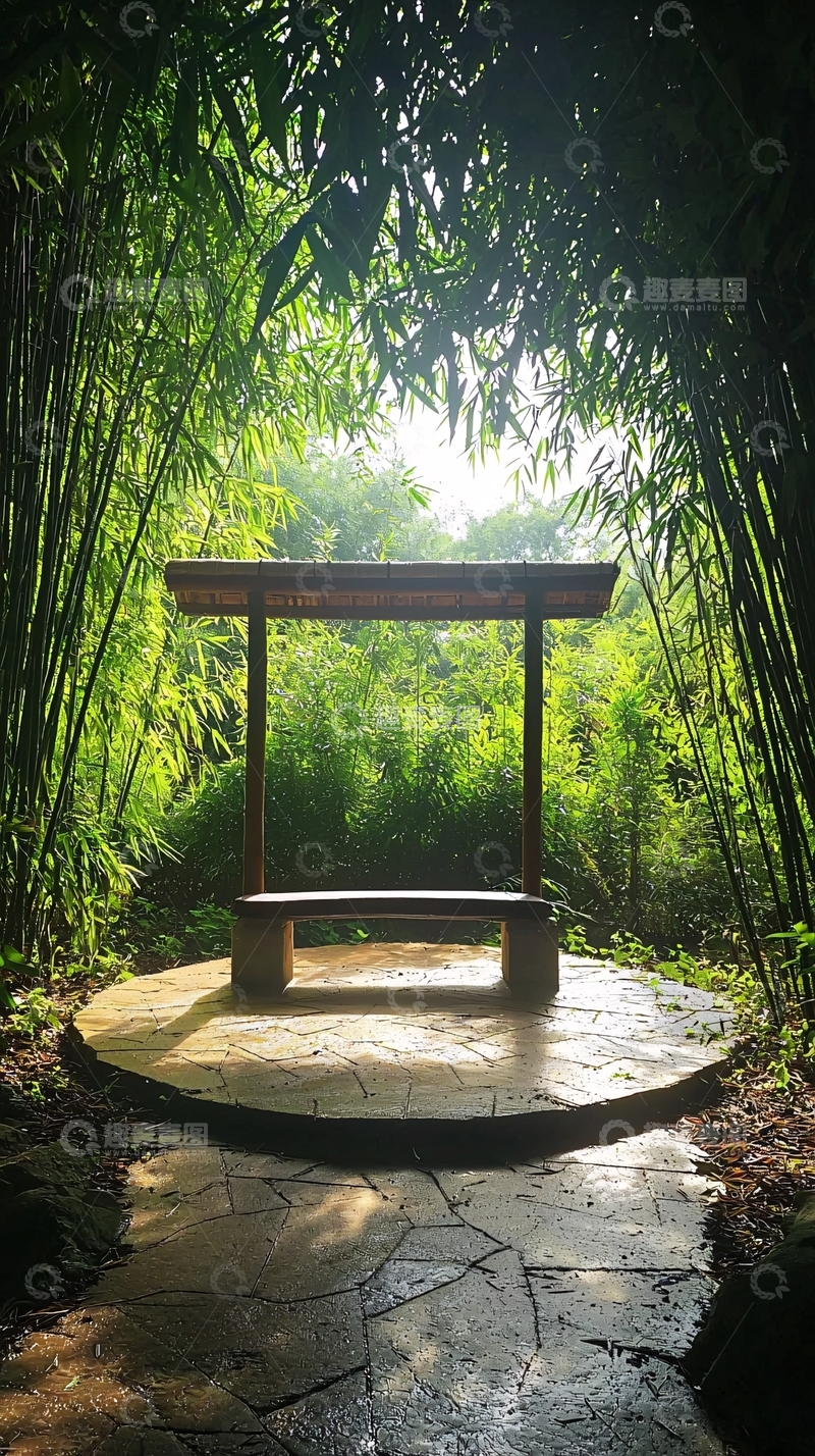 高清大图下载【趣麦麦图】竹林小道长椅