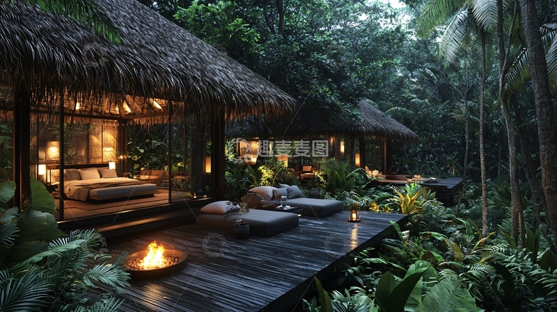 高清大图下载【趣麦麦图】热带雨林茅草屋度假村